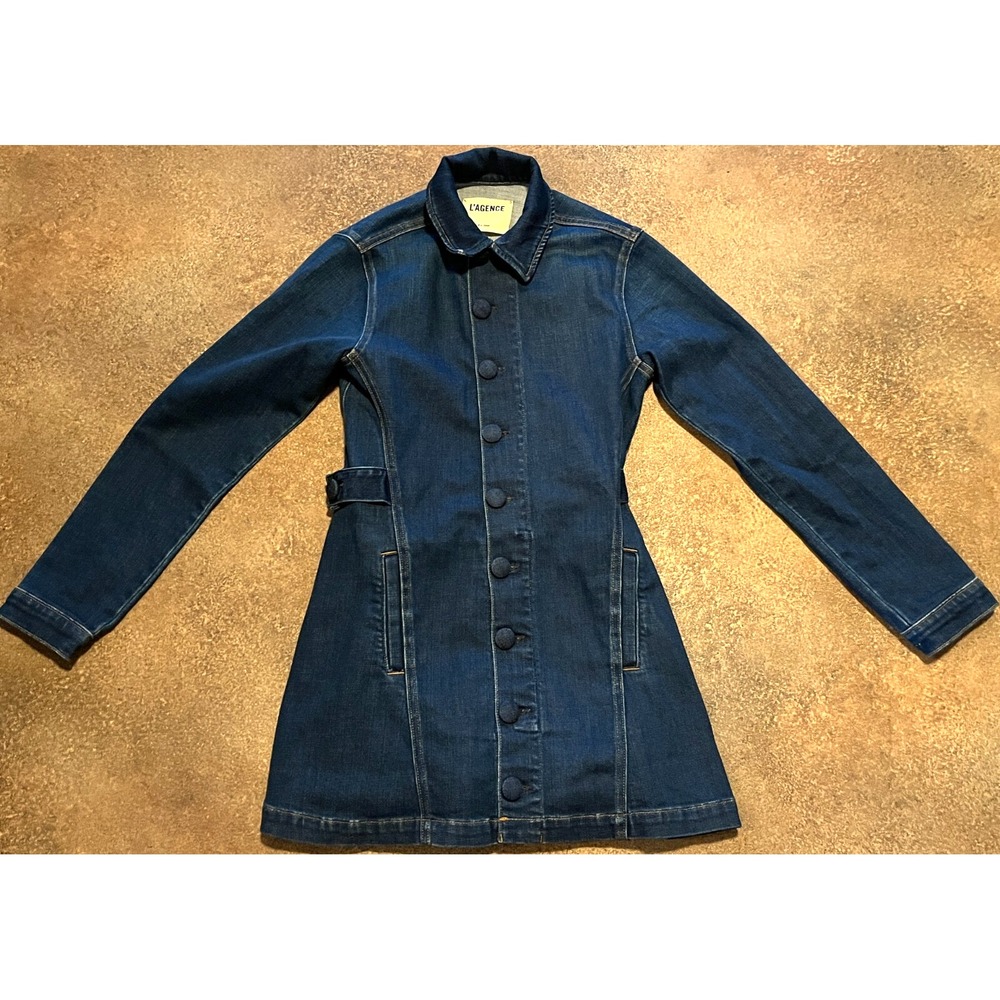 New L'Agence Fit And Flare Denim Jean Mini Dress Blue Button Up Jacket Women S